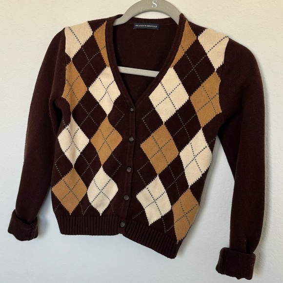 Brandy Melville John Galt Brown White Elizabeth Sweater Argyle Print Cardigan OS - Picture 6 of 9